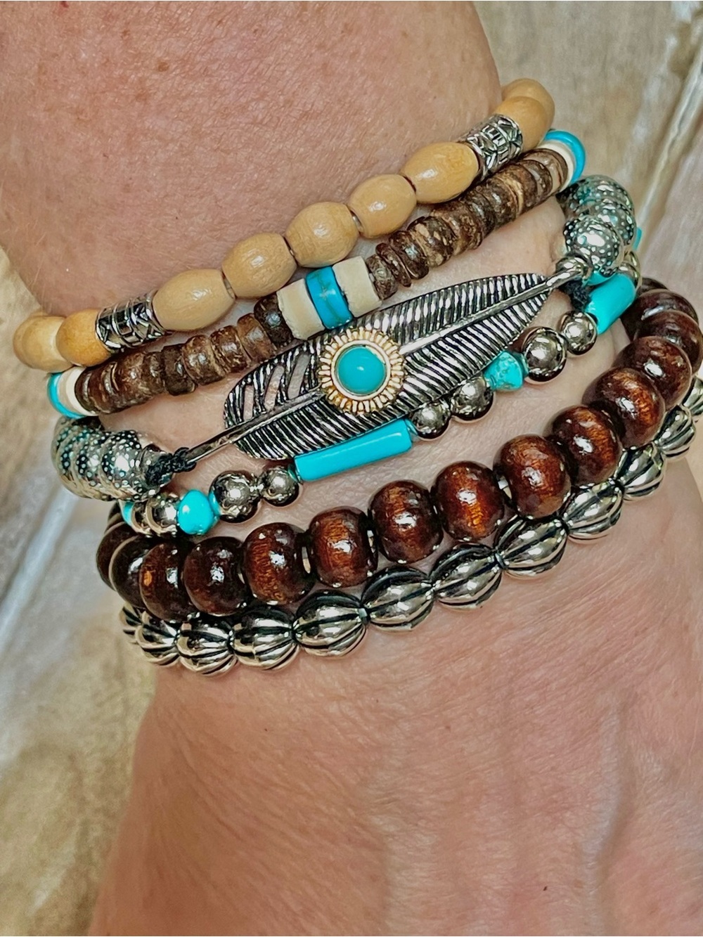Turquoise & Brown Feather Charm Stack Bracelet Set